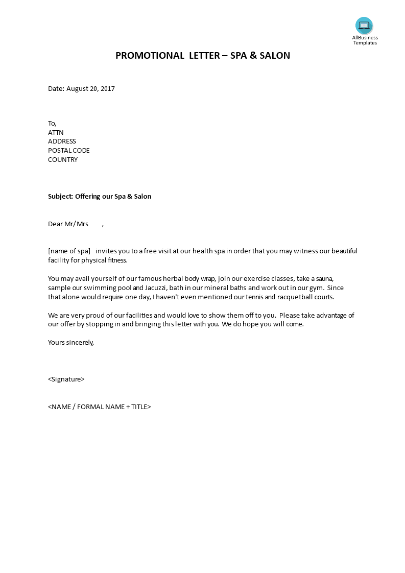 sales letter for your spa and salon modèles