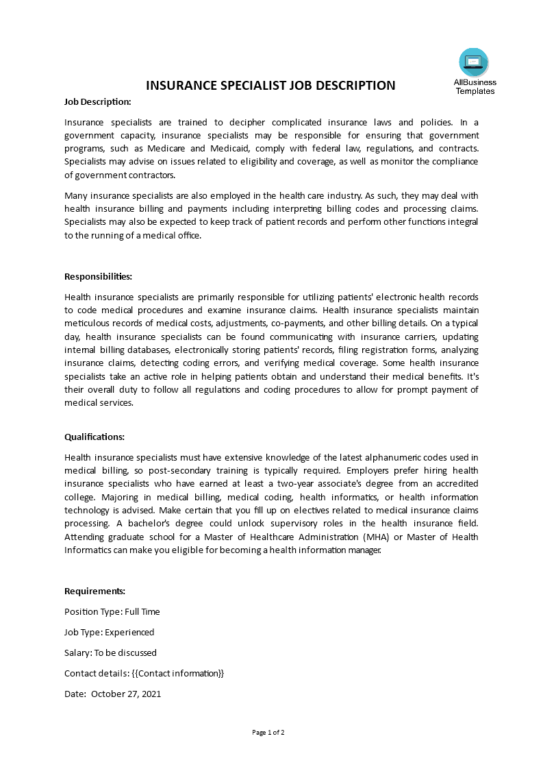 insurance specialist job description template