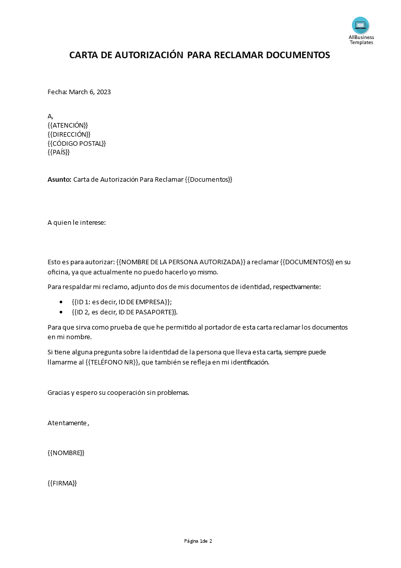 carta de autorización para reclamar documentos template