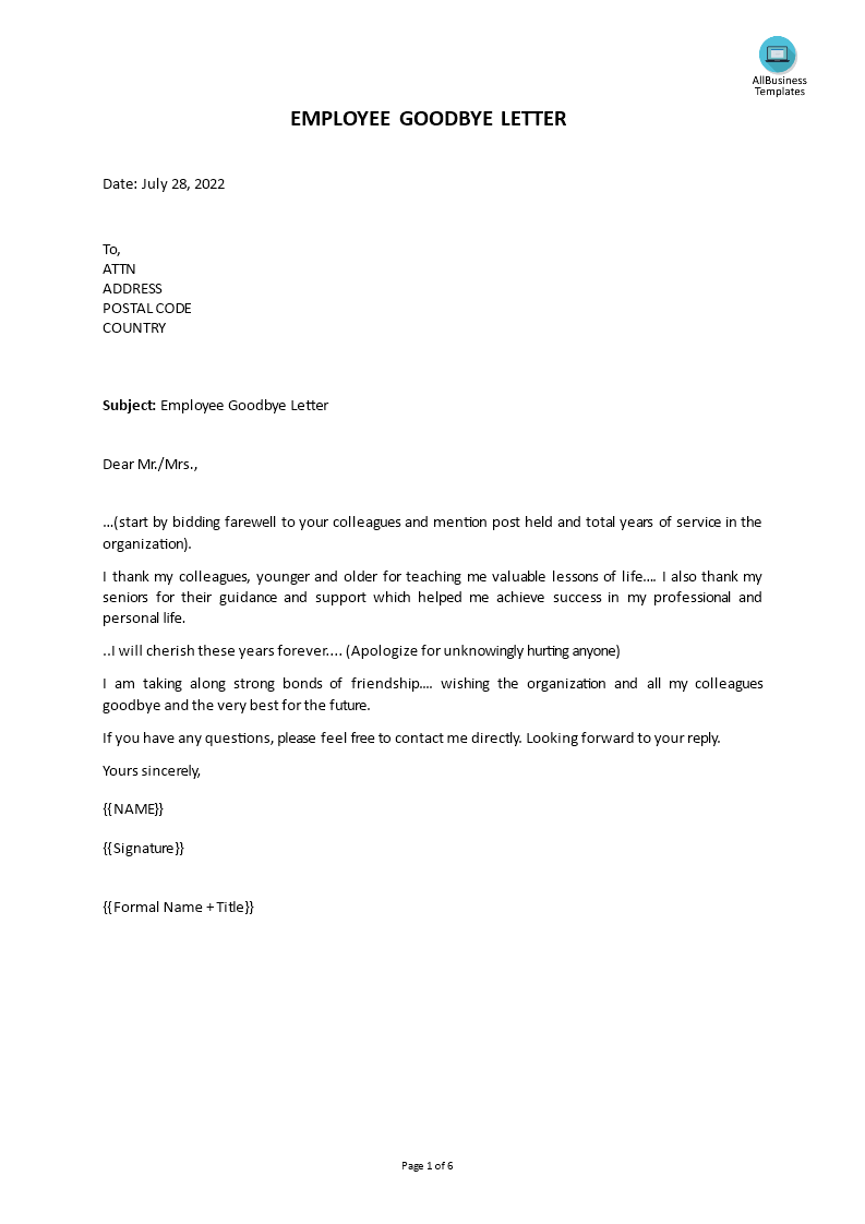 employees goodbye letter template