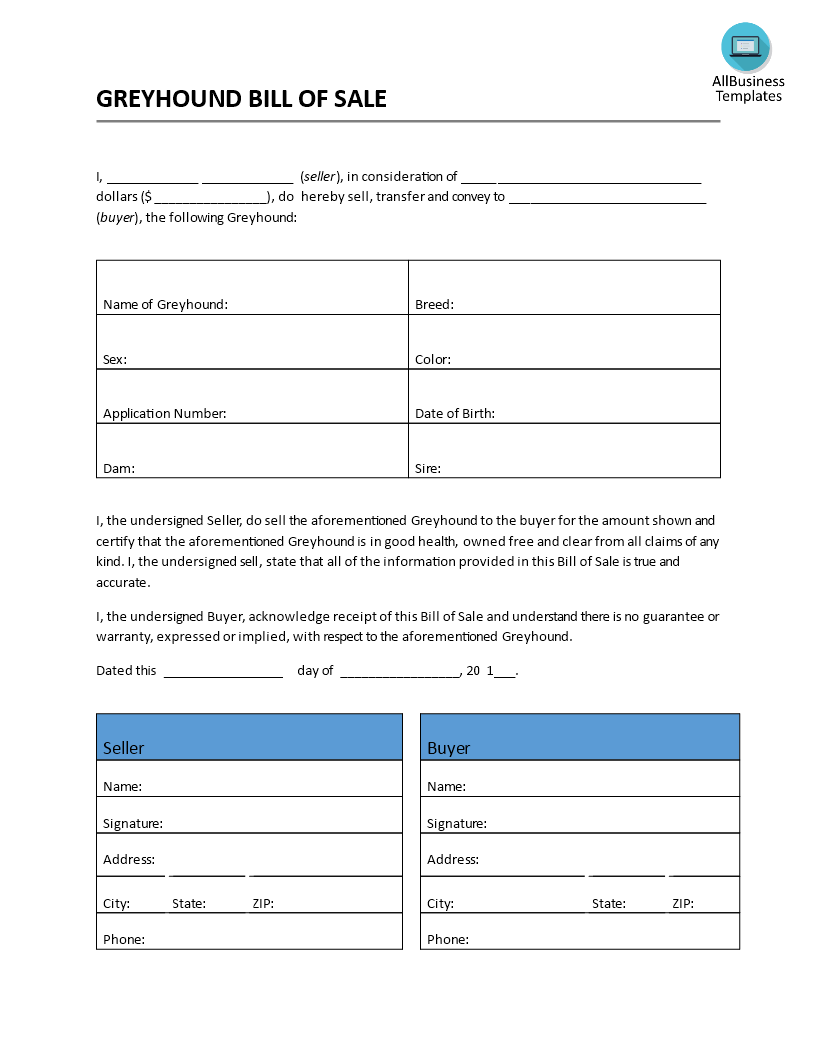 greyhound bill of sale modèles