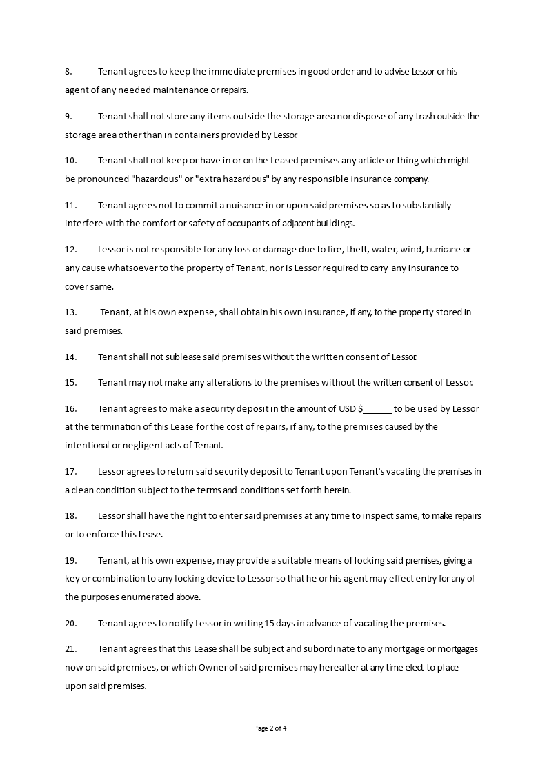 Storage Space Lease Templates at