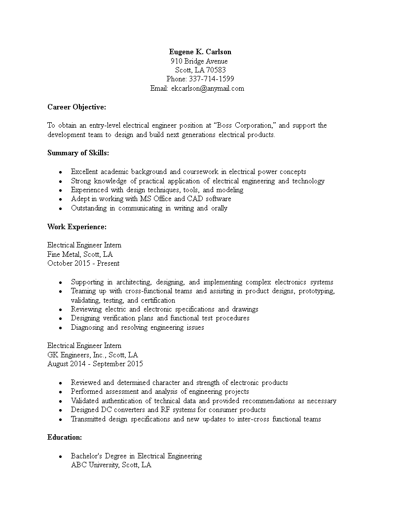 Electrical Engineering Entry Level Resume template main image