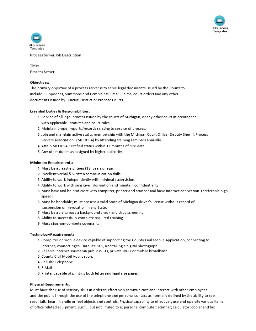 process server job description word template