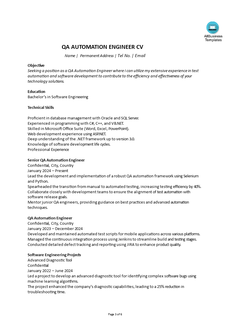 Automation Engineer Curriculum Vitae Template main image