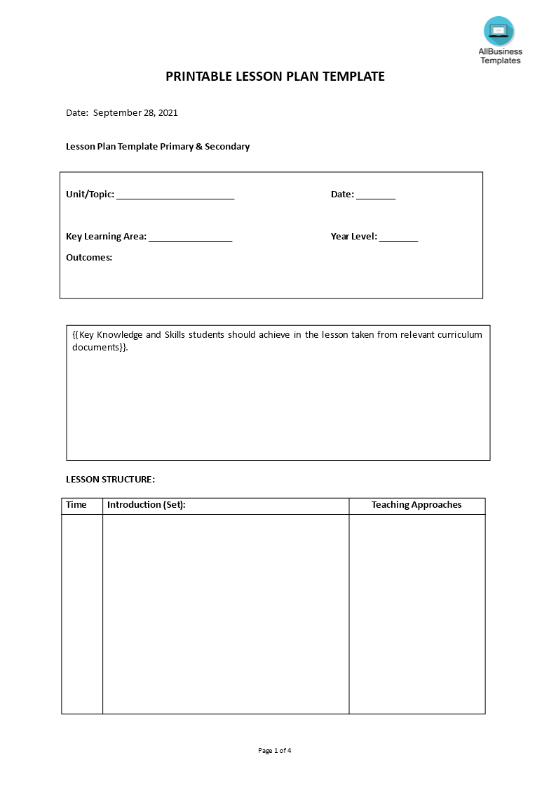 free printable lesson plan template voorbeeld afbeelding 