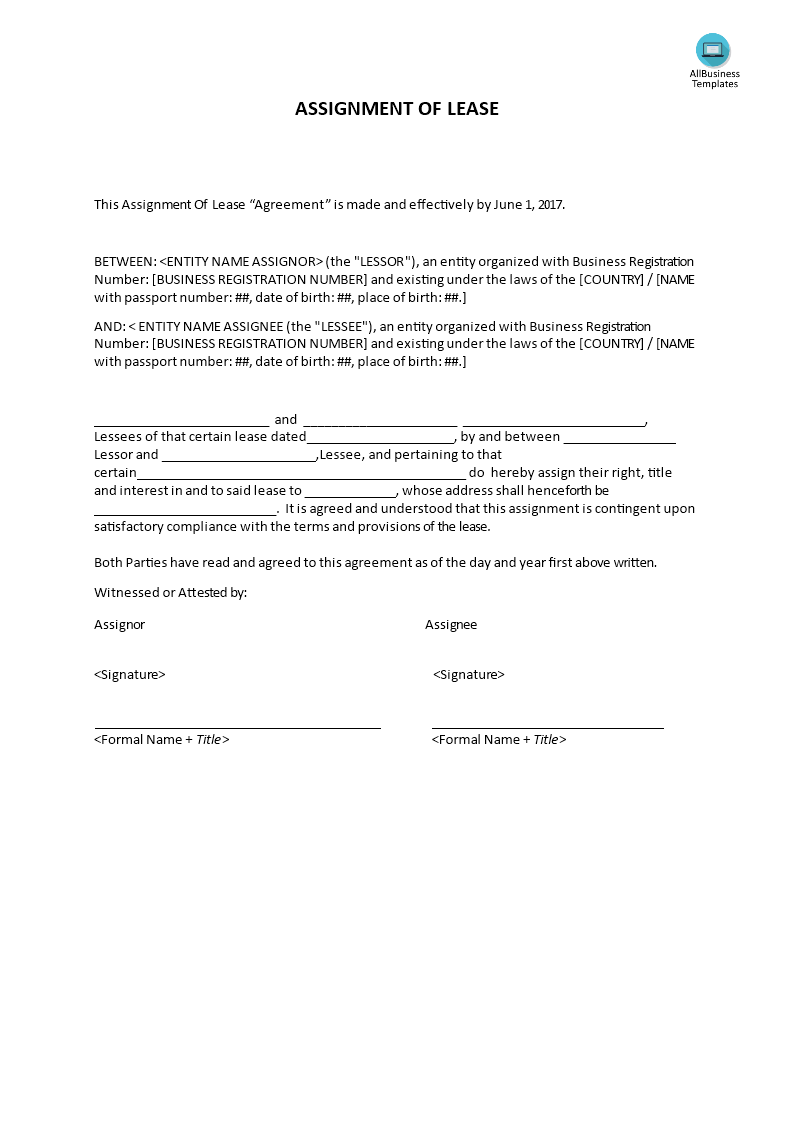 Assignment of lease for a land property 模板