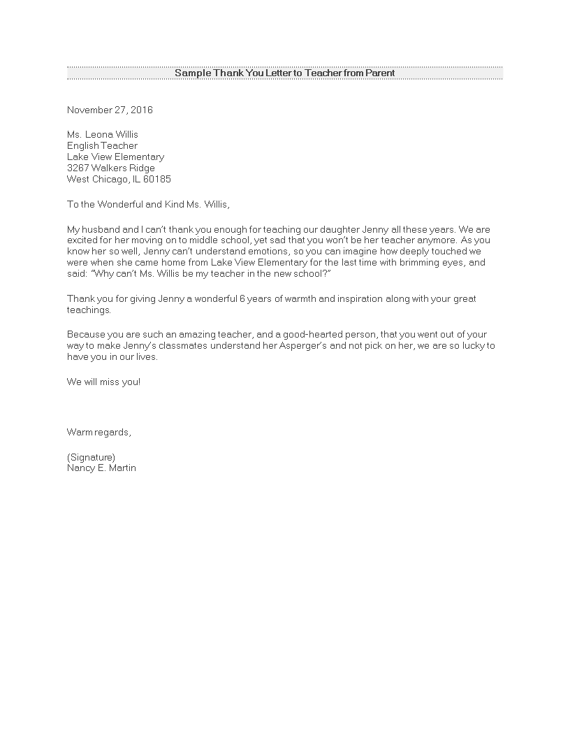 thank you letter to teacher from parent modèles
