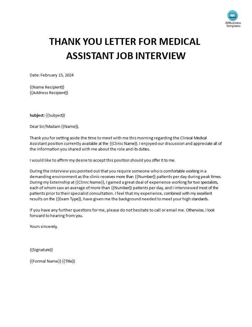 thank you letter for job interview medical assistant plantilla imagen principal
