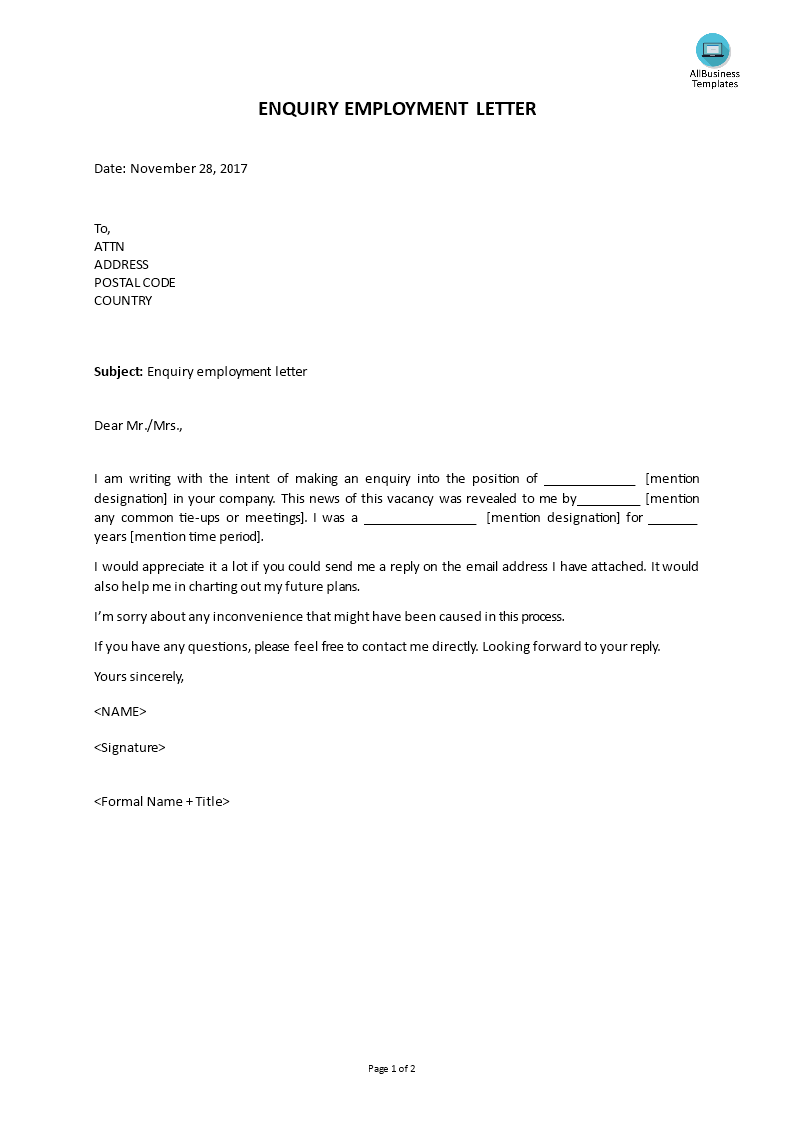 Kostenloses Enquiry Employment Letter