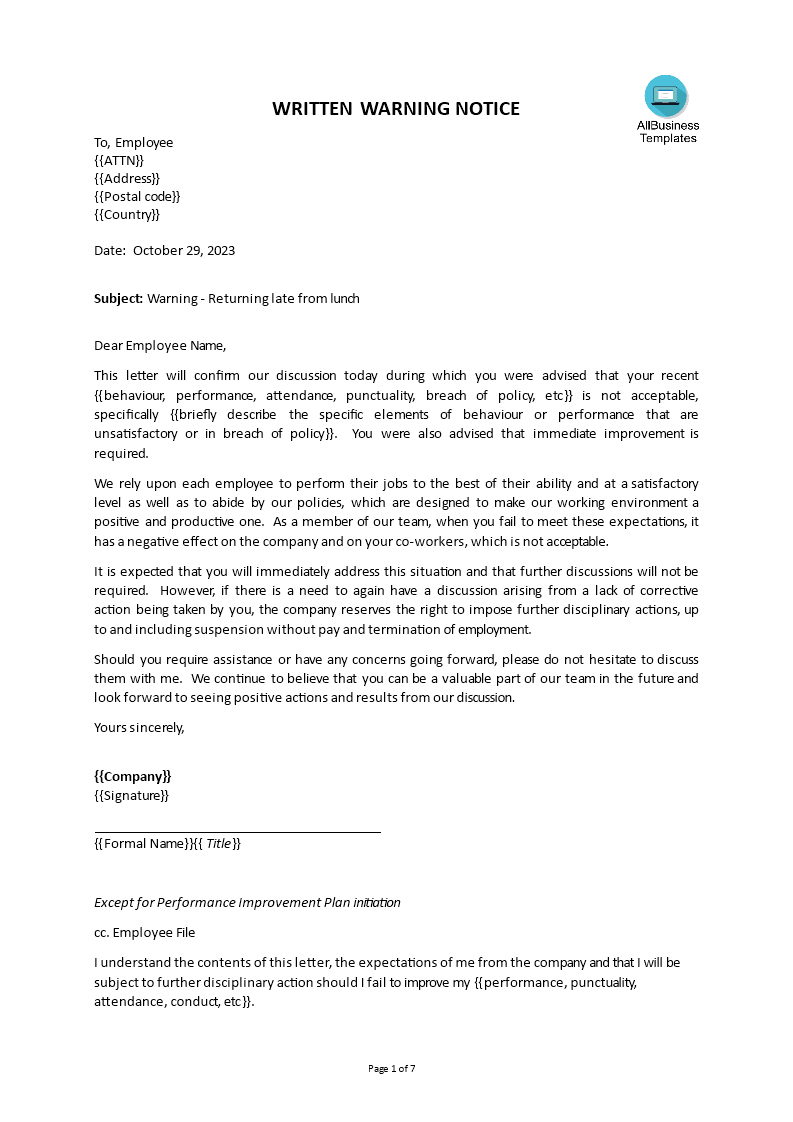 staff warning letter format Hauptschablonenbild