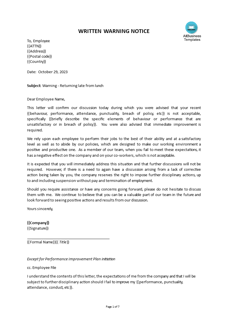 staff warning letter format voorbeeld afbeelding 