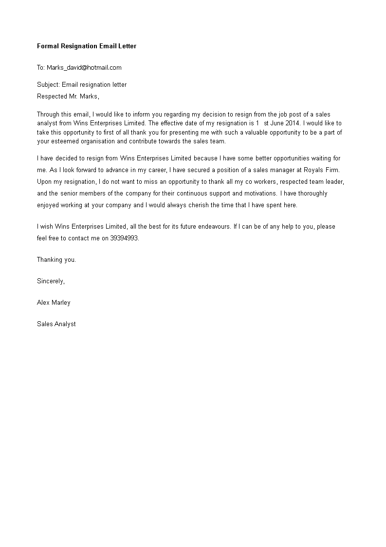 formal resignation email letter Hauptschablonenbild