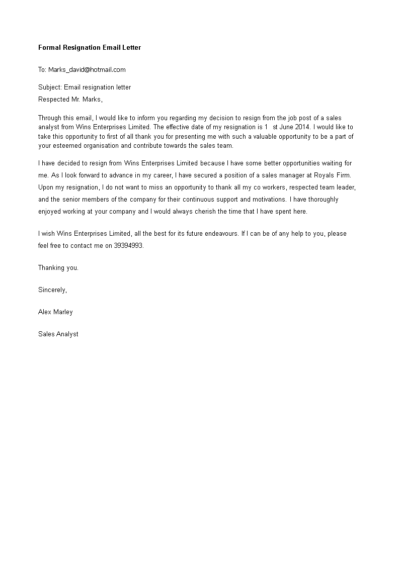 formal resignation email letter modèles