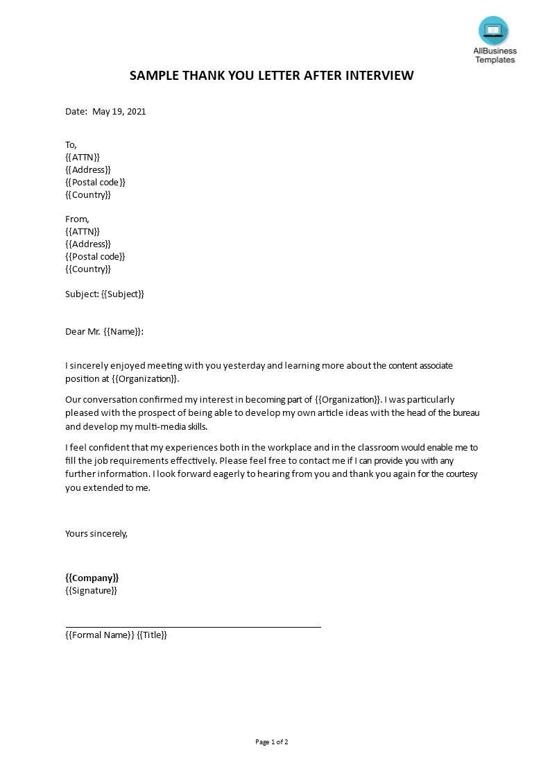 Kostenloses Sample thank you letter after interview Intended For Interview Thank You Note Template