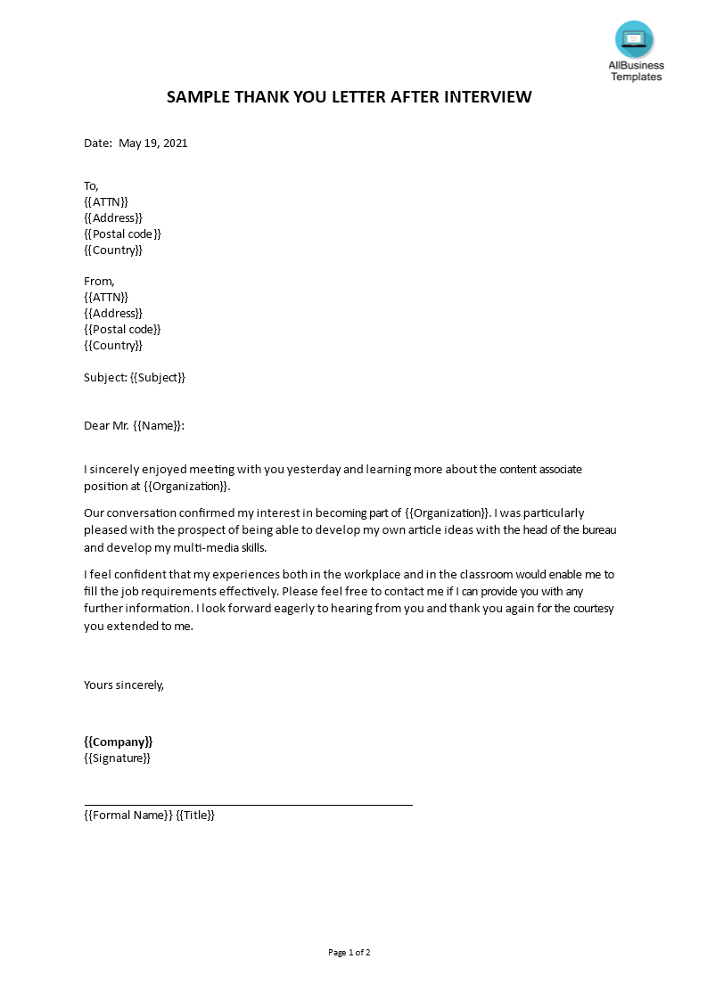 sample thank you letter after interview Hauptschablonenbild