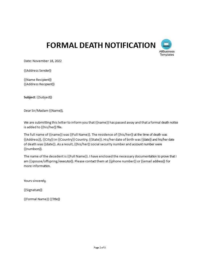 death notification letter sample template
