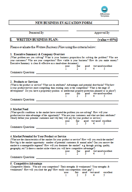 business evaluation form template template