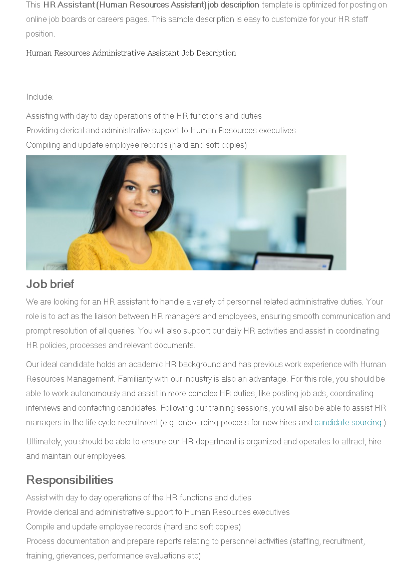 Human Resources Administrative Assistant Job Description 模板