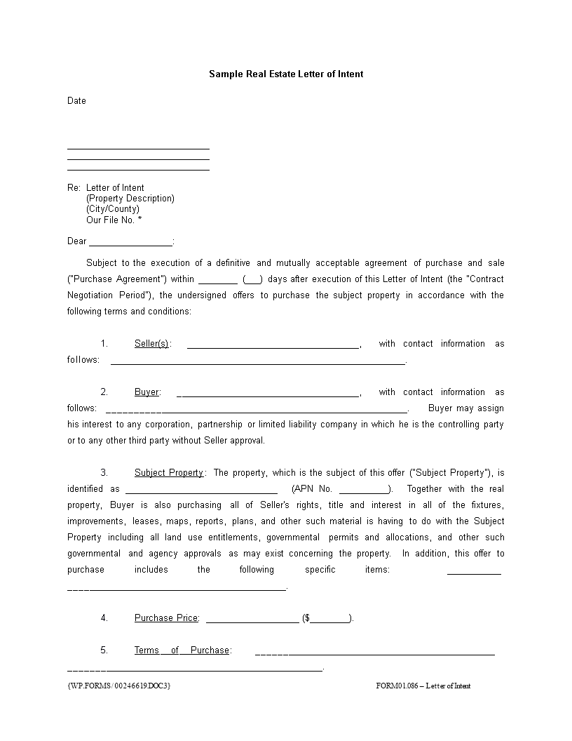 sample real estate letter of intent template