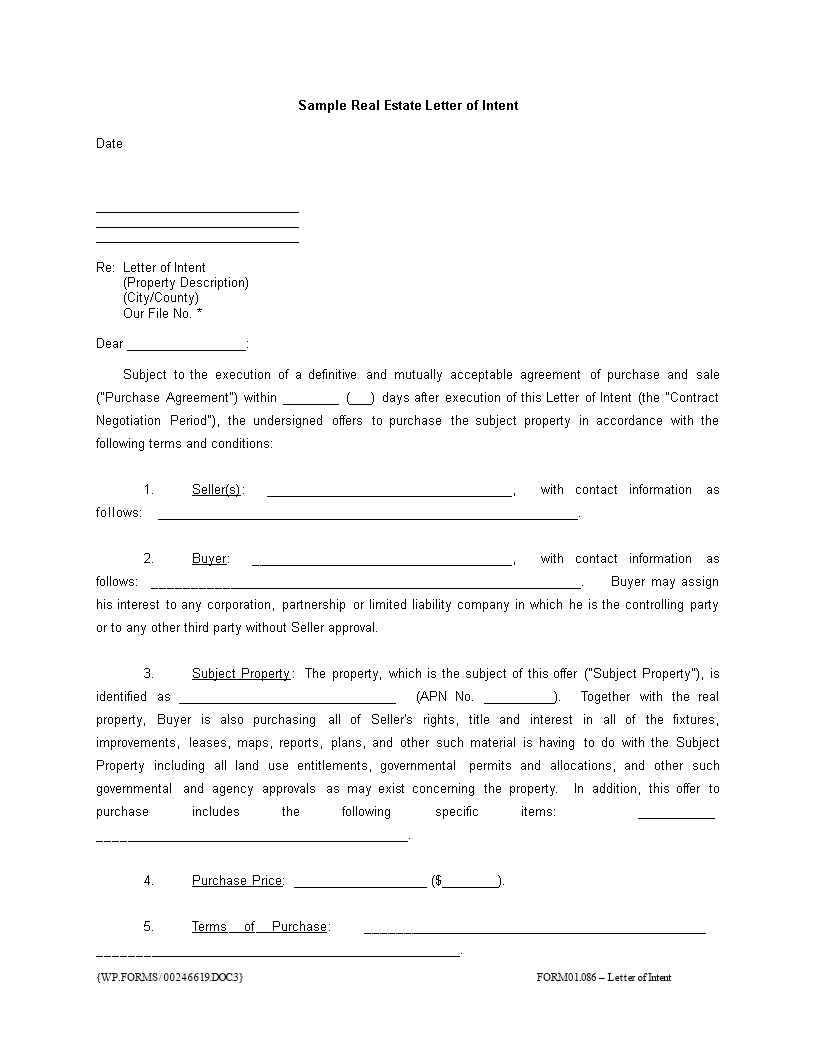 Sample Real Estate Letter Of Intent main image