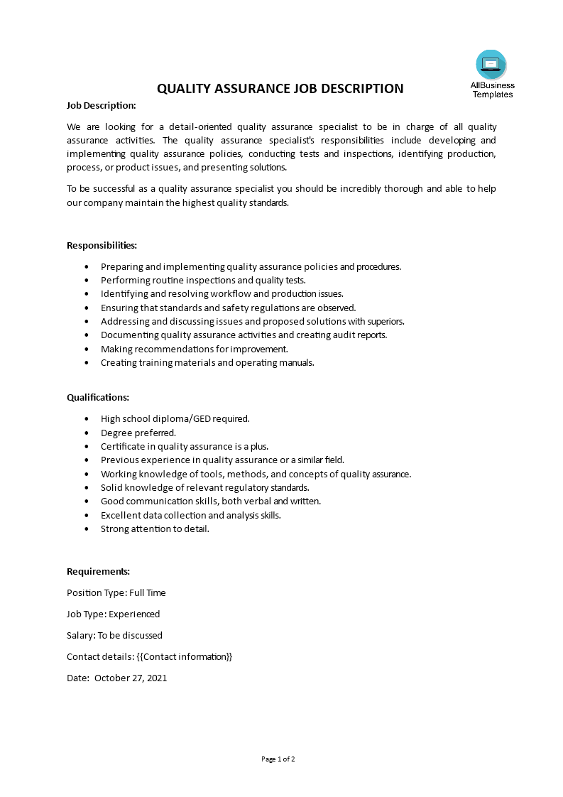 quality assurance job description template