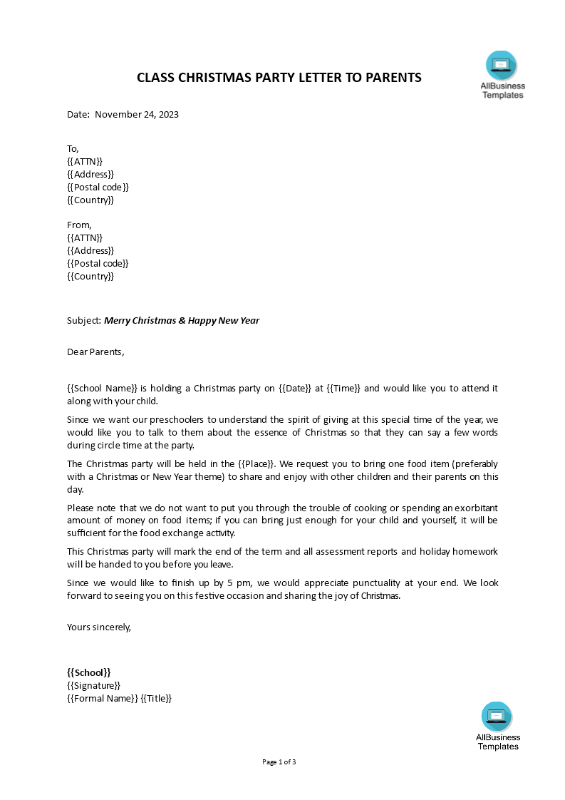 christmas party letter template