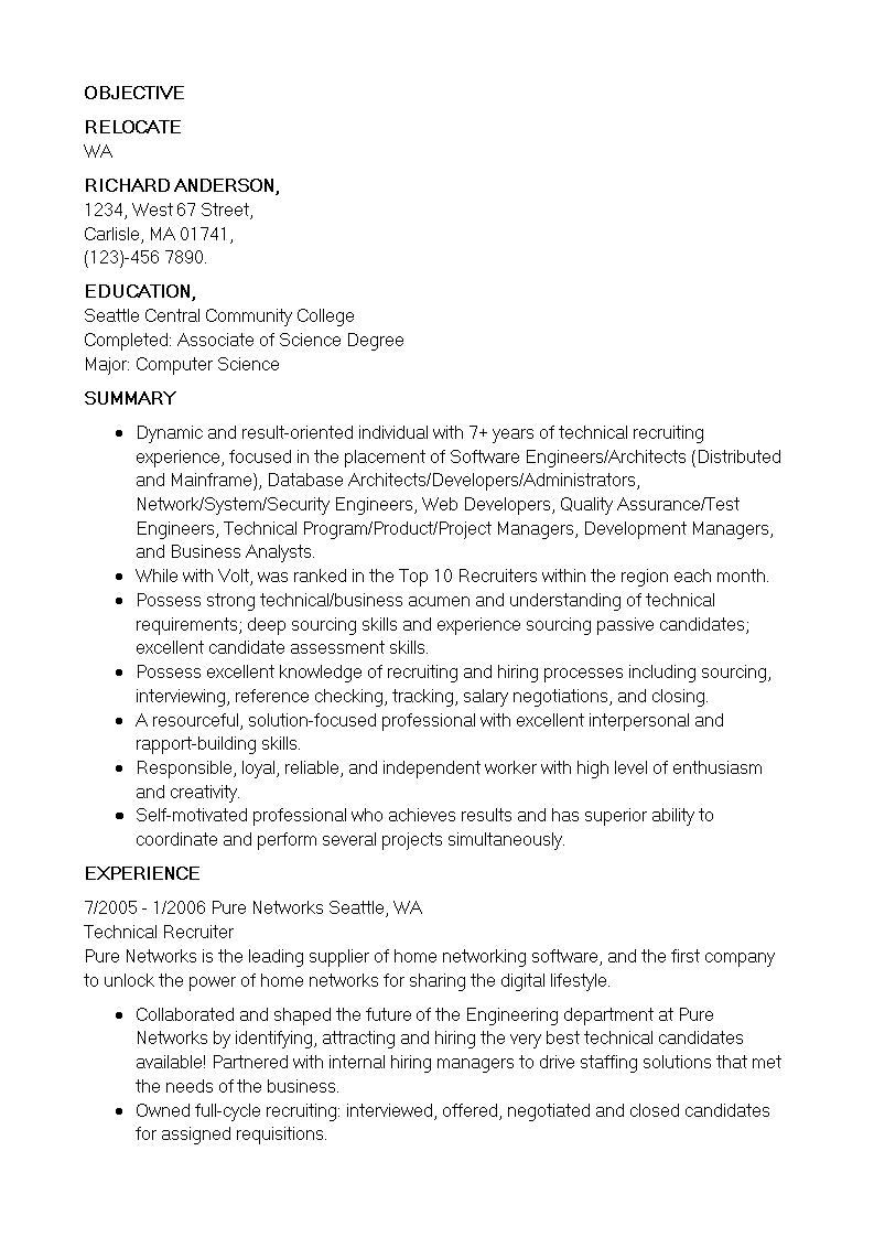 senior it recruiter resume modèles