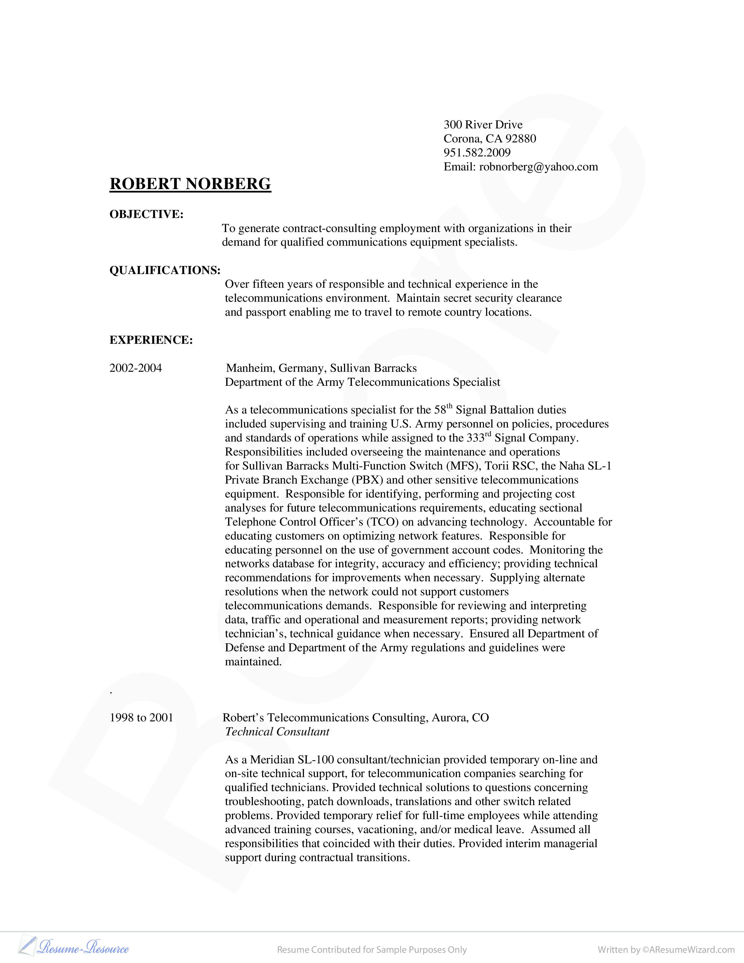 telecommunications specialist resume template