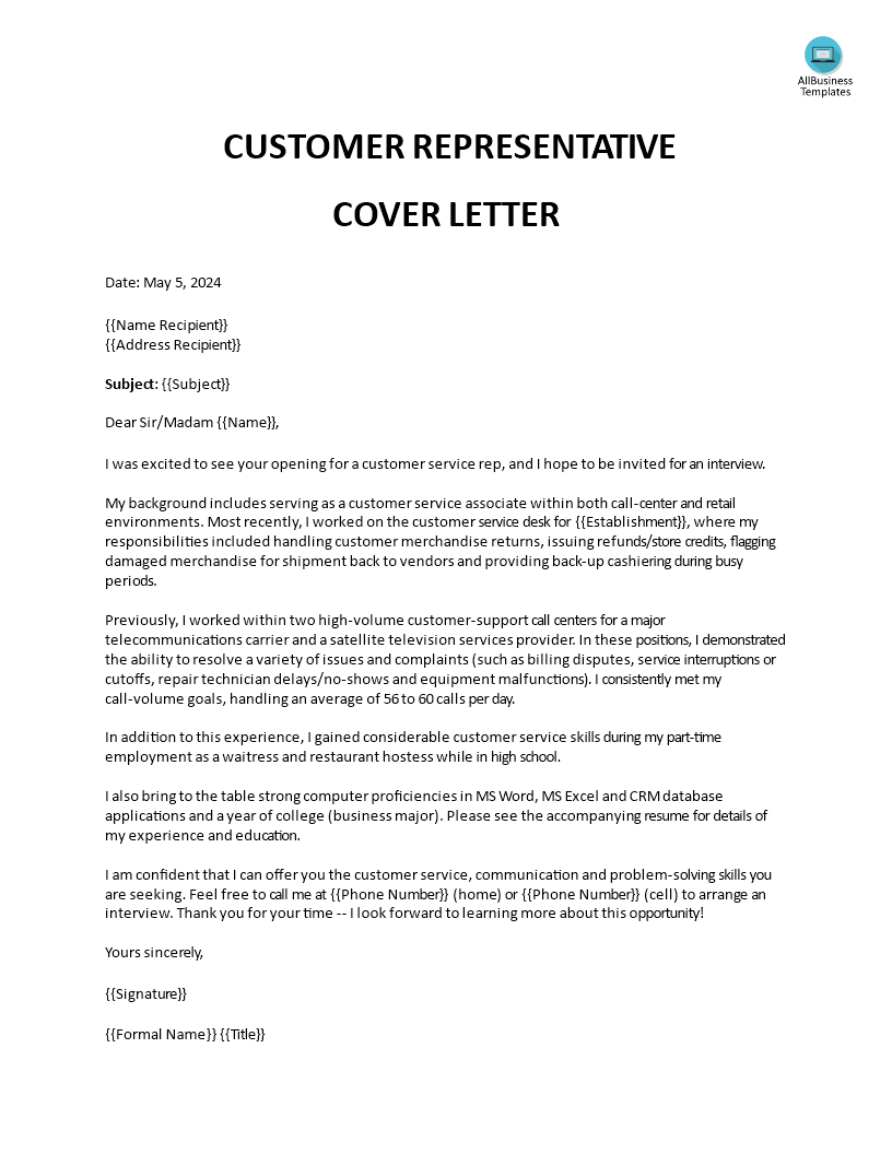 customer representative resume cover letter format template