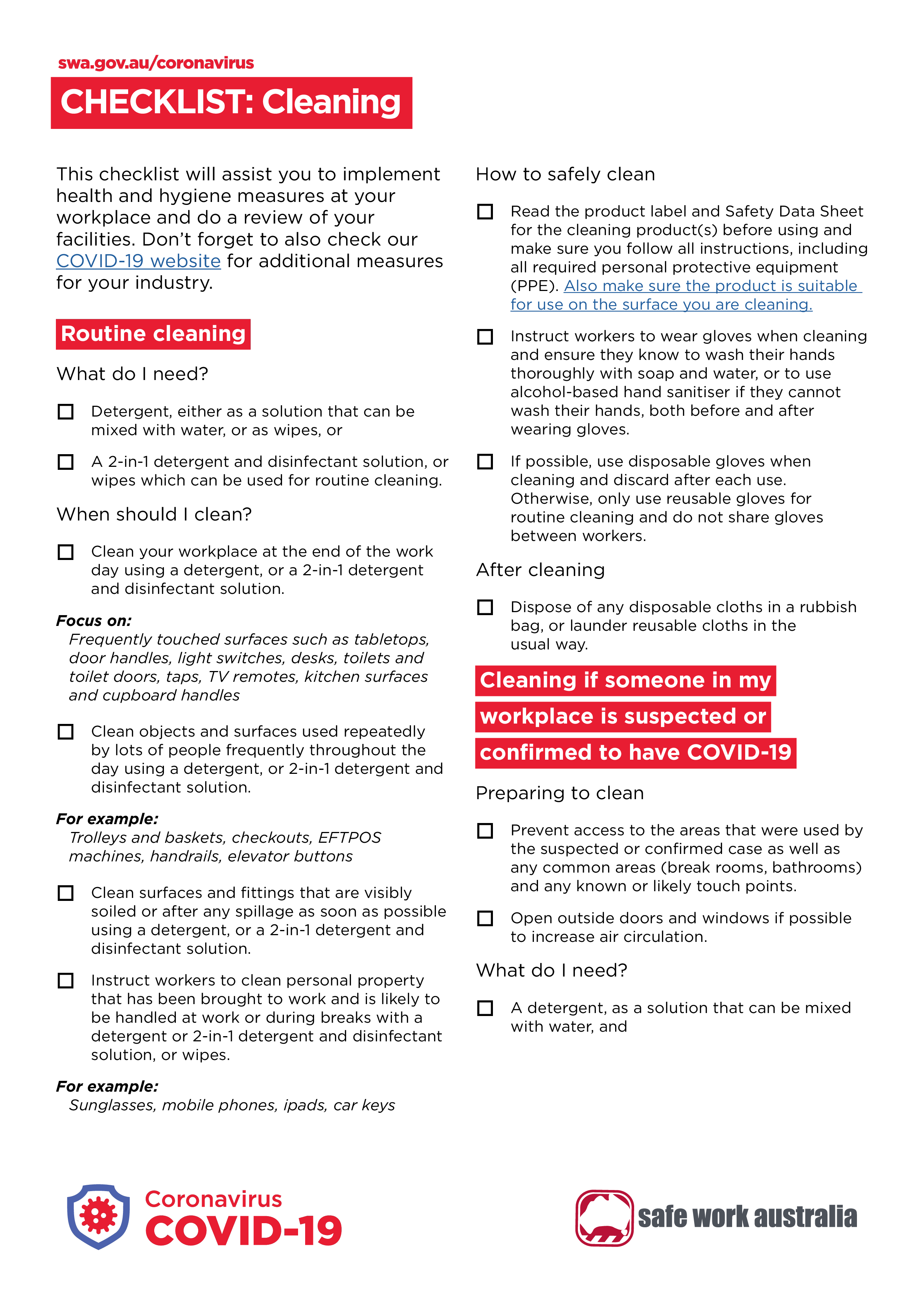 cleaning checklist covid 19 health and hygiene template