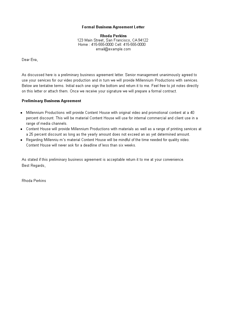 formal preliminary business agreement letter plantilla imagen principal