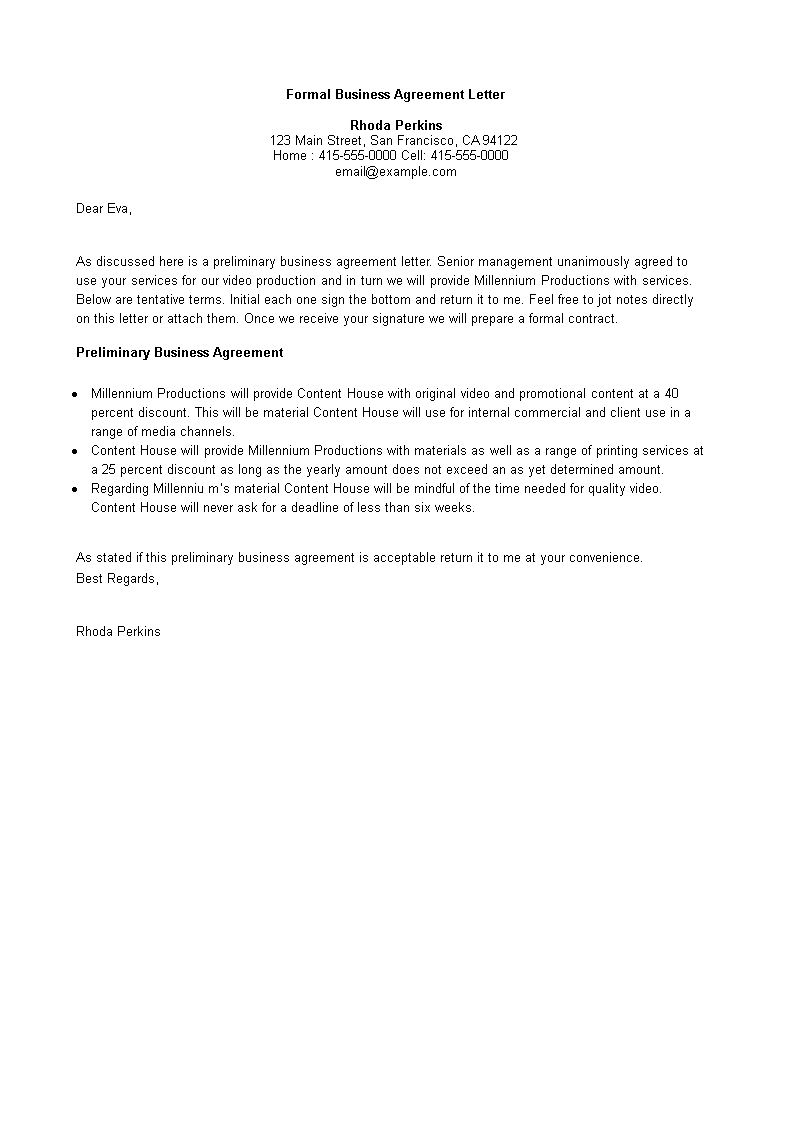 formal preliminary business agreement letter modèles