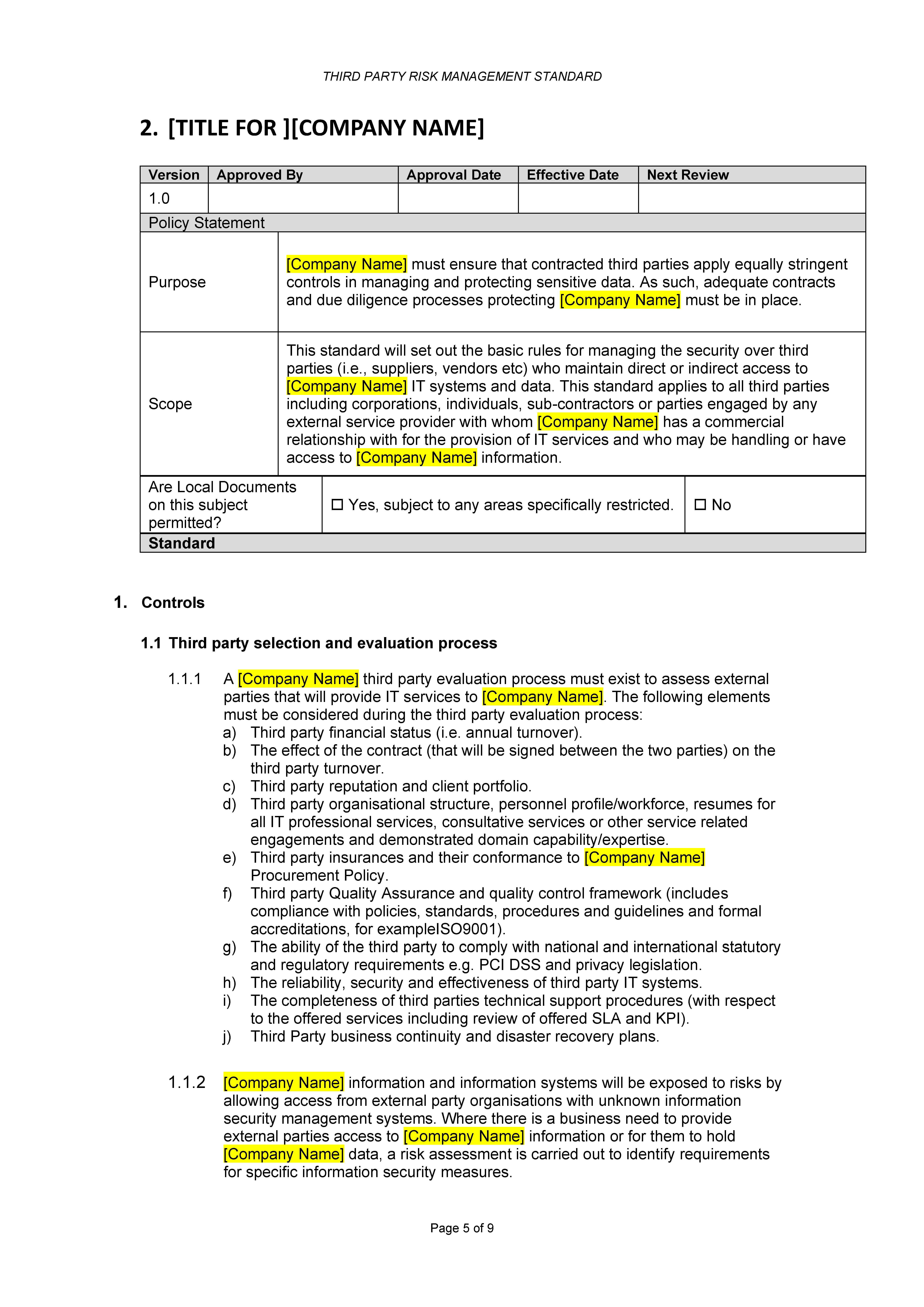 Third Party Risk Management Standard | Templates at ...