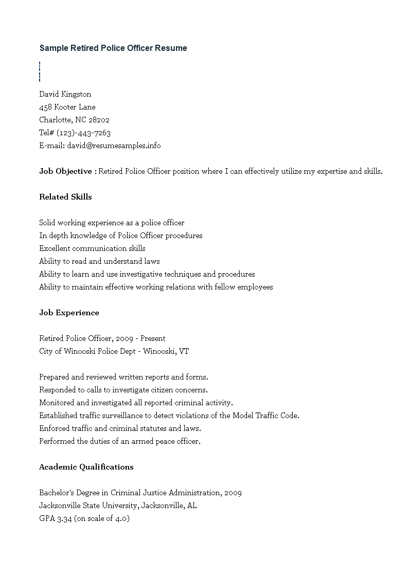 sample retired police officer resume tempalte modèles