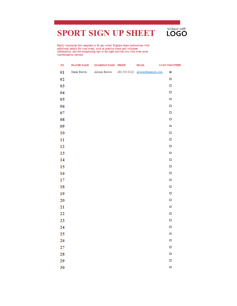 sport sign up sheet Hauptschablonenbild