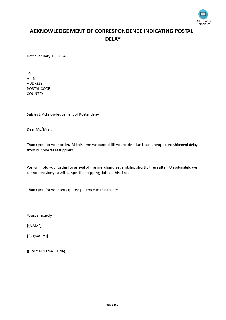 Acknowledgement Of Correspondence In Postal Delay main image