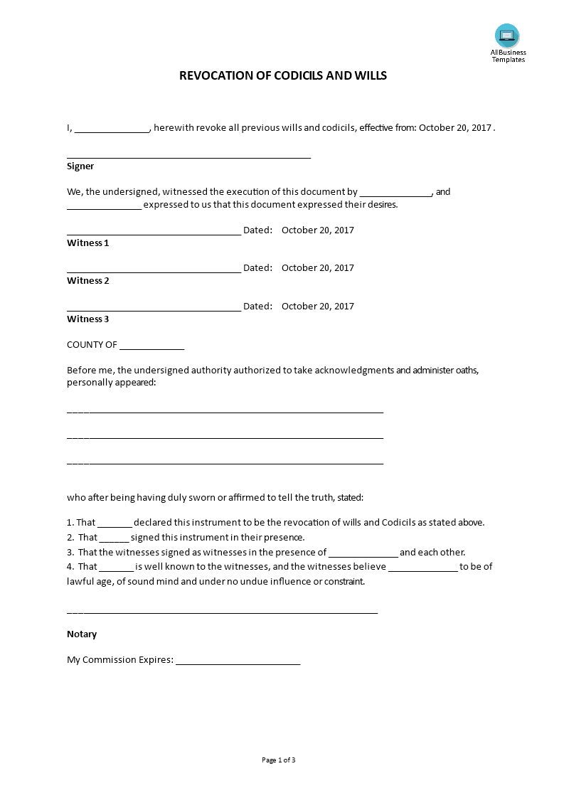 revocation of wills codicils template