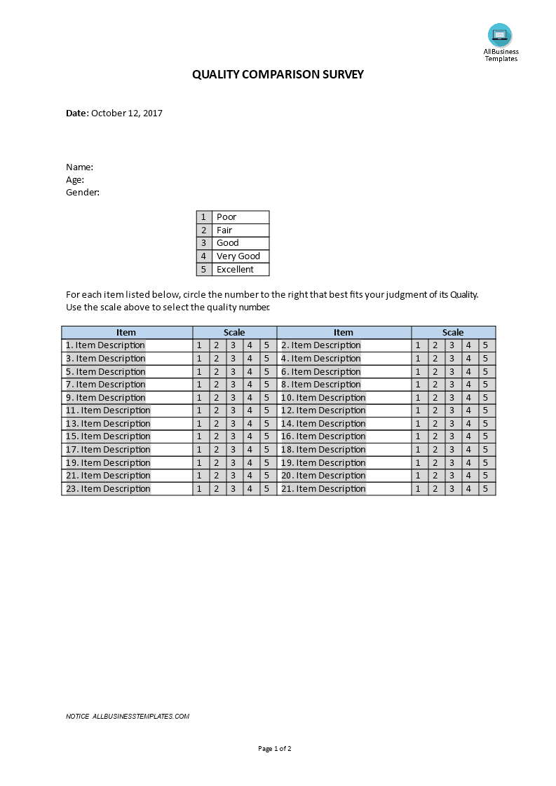 quality comparison survey modèles