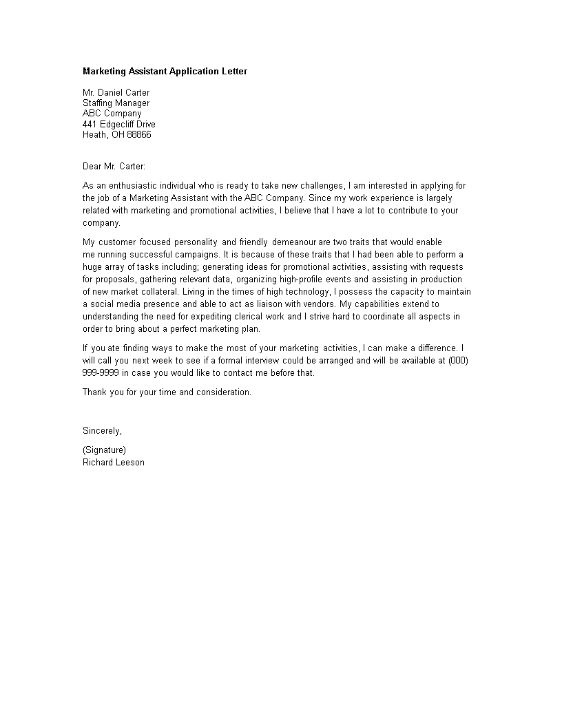 application letter for marketing assistant template template