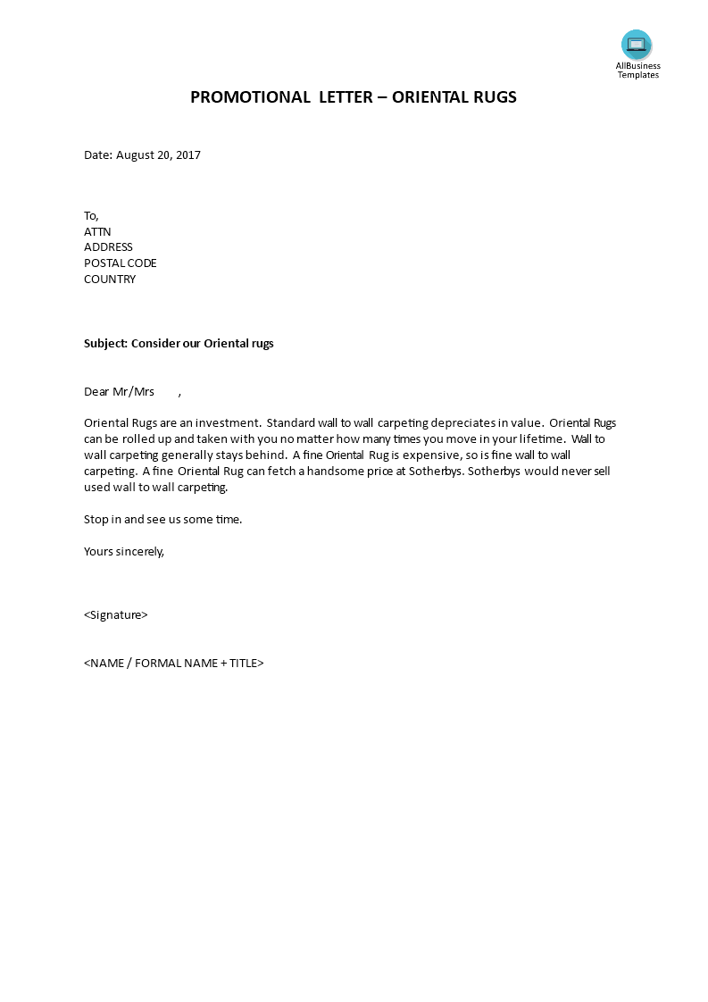 promotional letter - oriental rugs voorbeeld afbeelding 