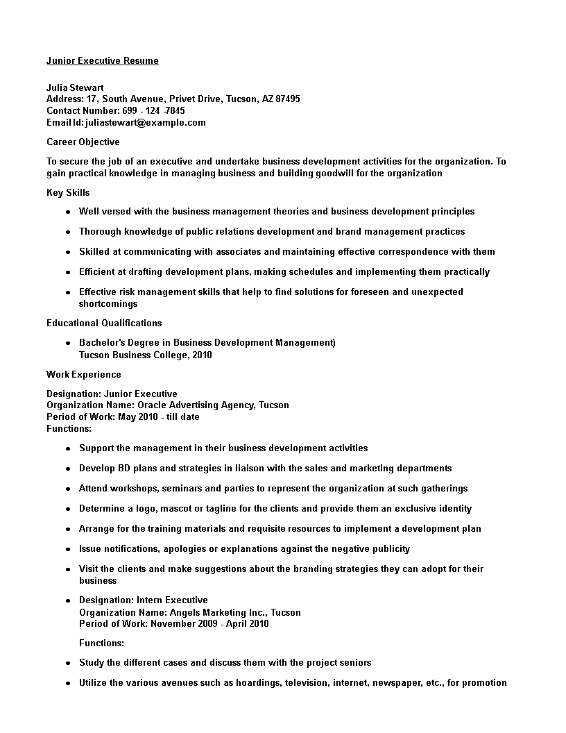 junior finance executive resume modèles