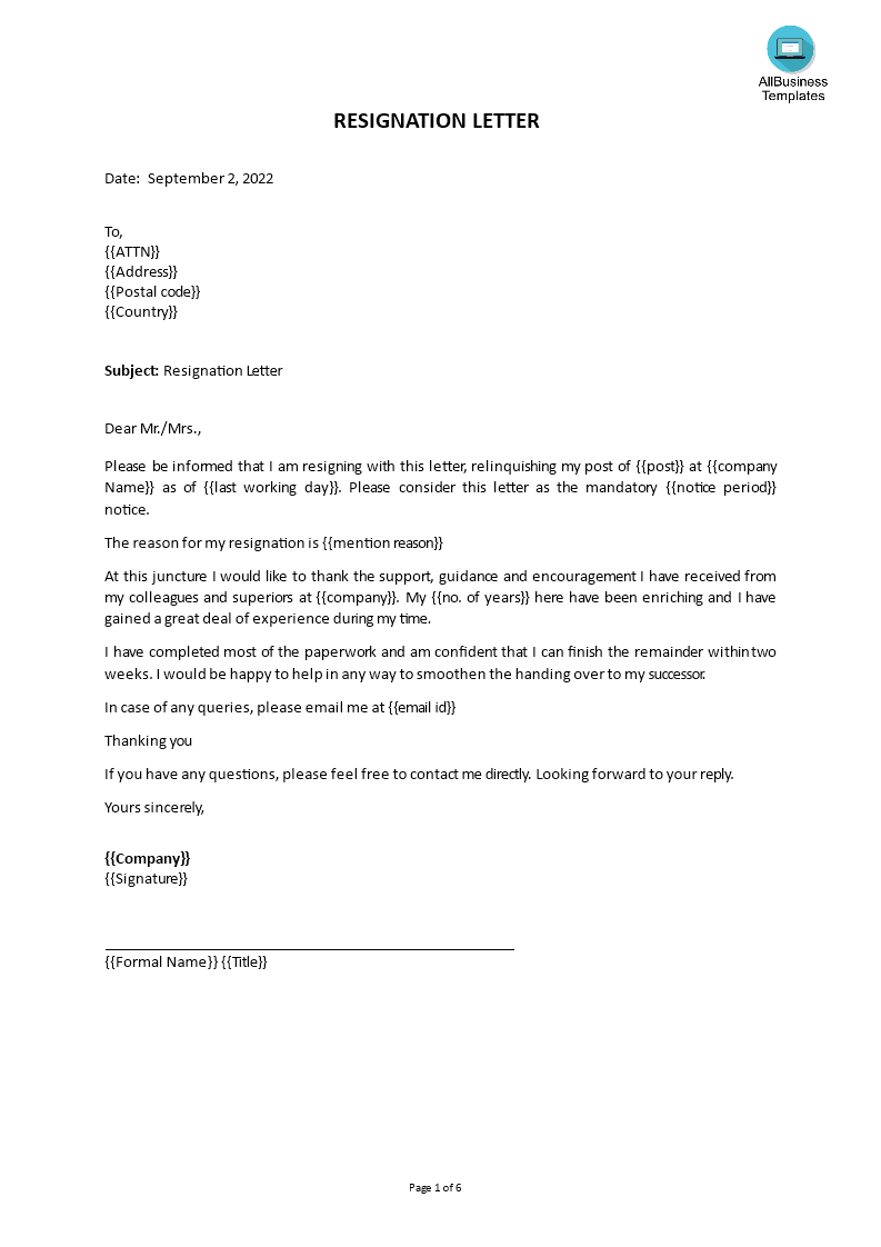 resignation letter Hauptschablonenbild