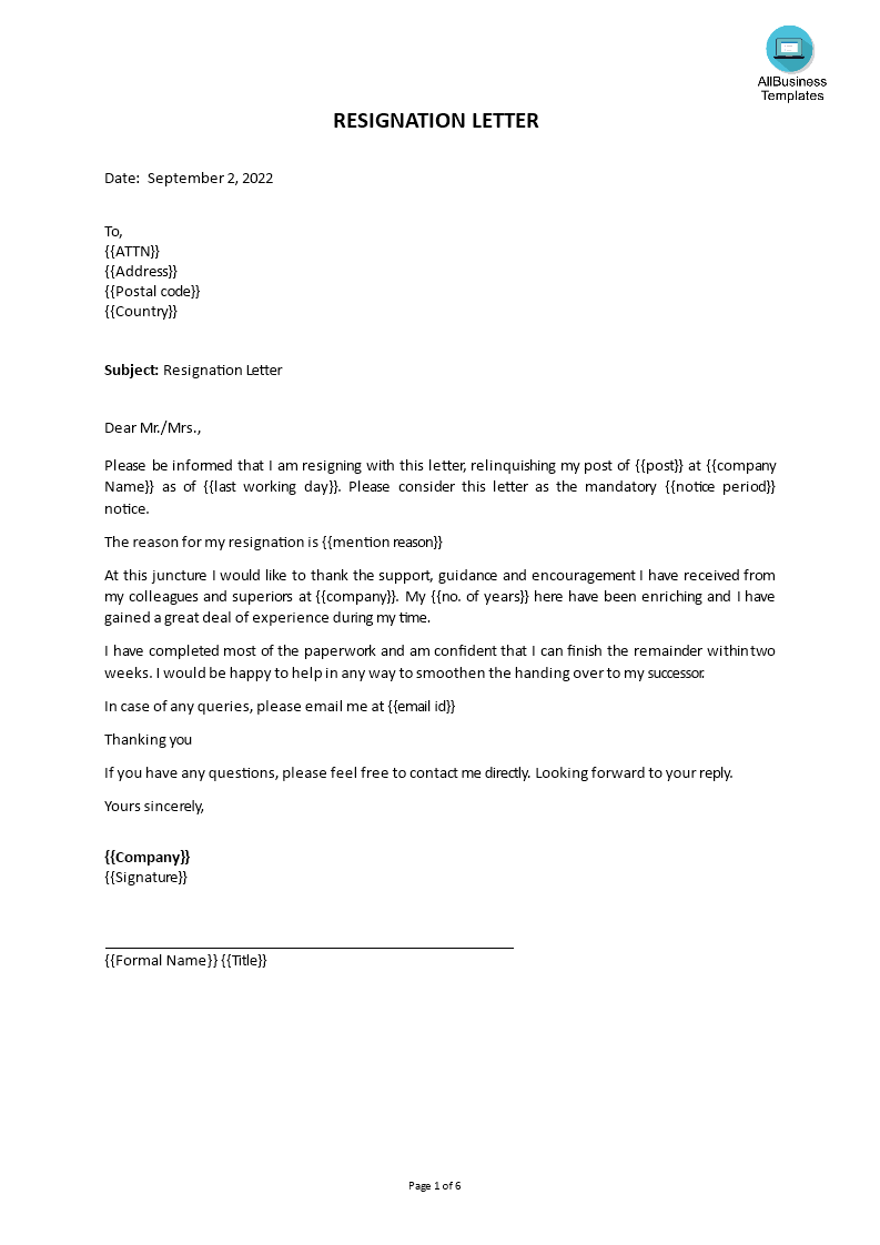 resignation letter template