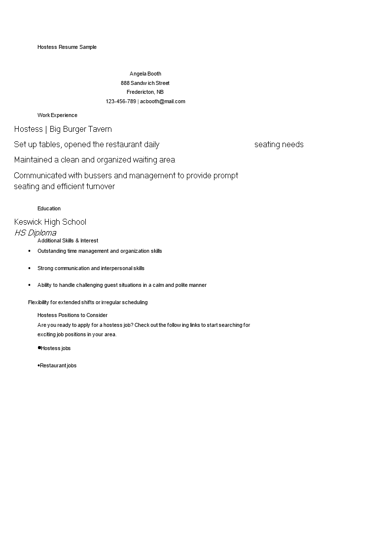 basic hostess resume template