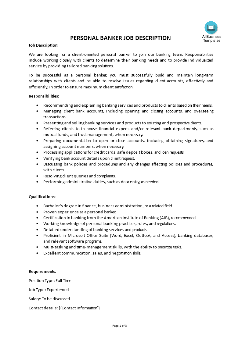 Personal Banker Job Description main image