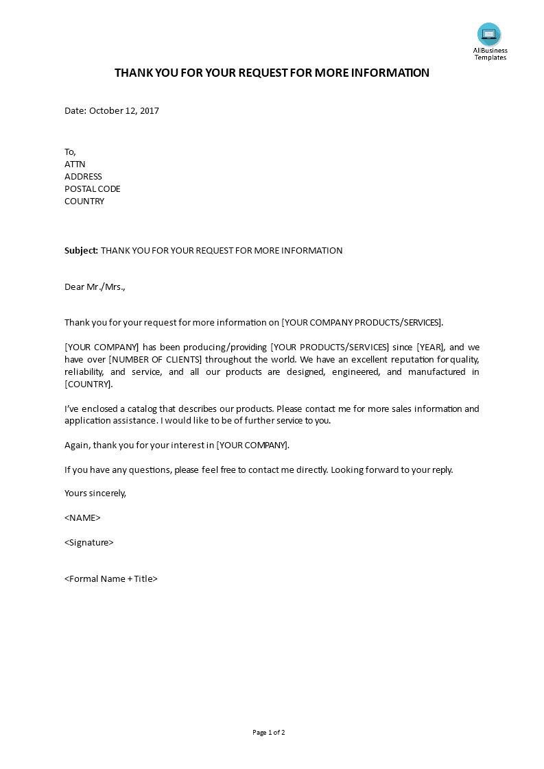 thank you for your request for more information template