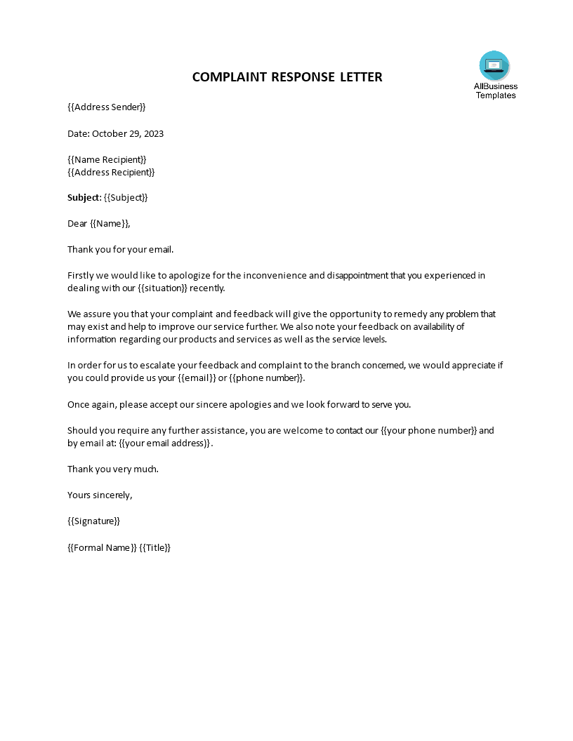 sample complaint response letter Hauptschablonenbild