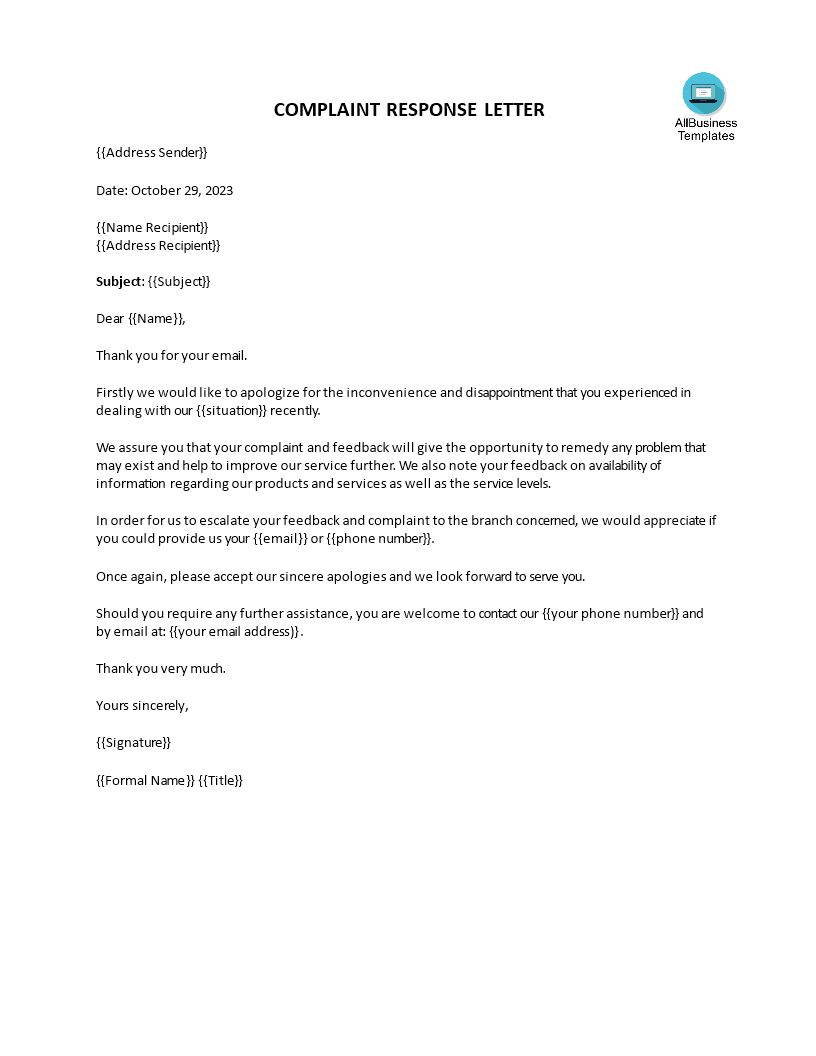 sample complaint response letter template