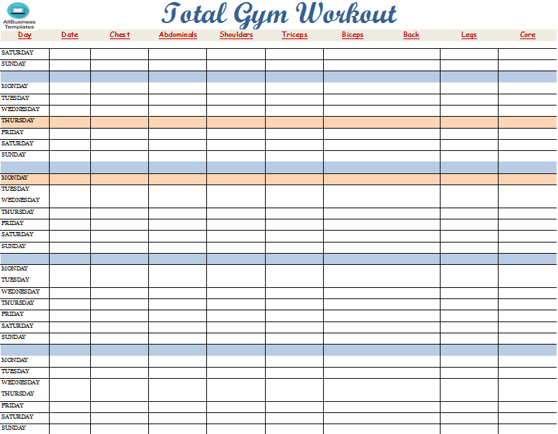 Total Gym Workout Chart